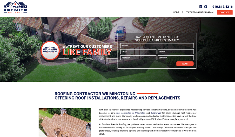 Website cover page for Southern Premier Roofing.