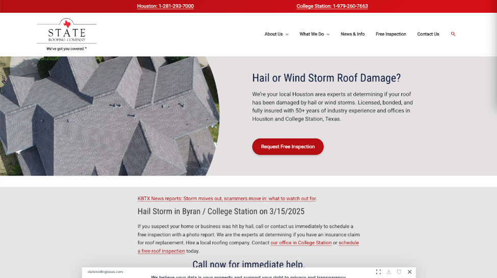 An image of State Roofing Company’s homepage.