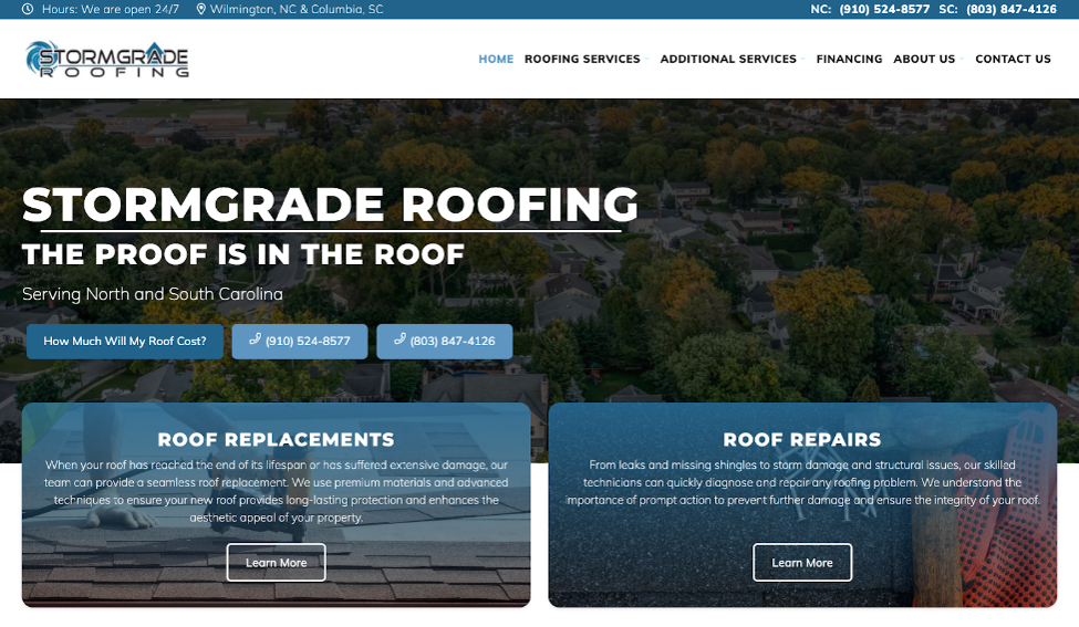 Website cover page for Stormgrade Roofing.