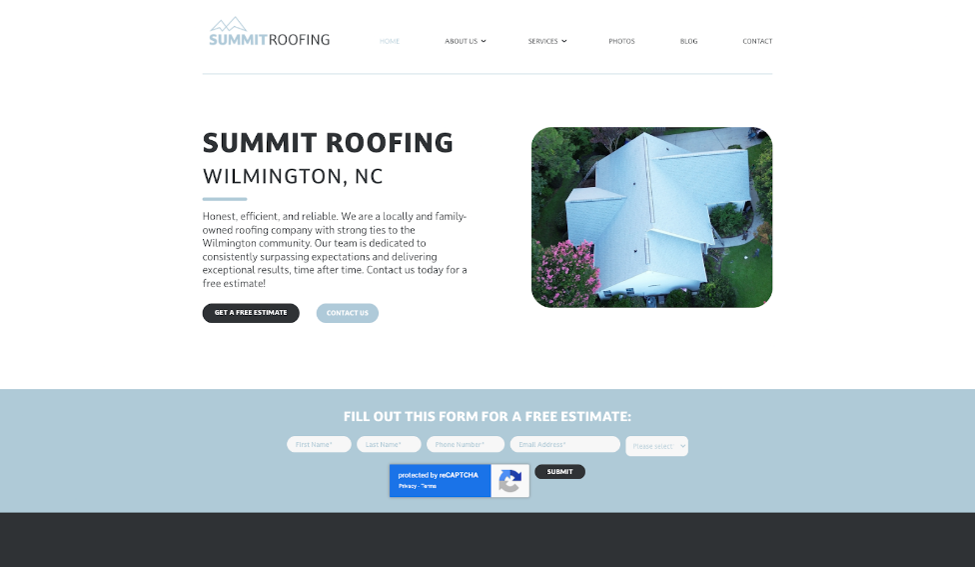 Website cover page for Summit Roofing Company.