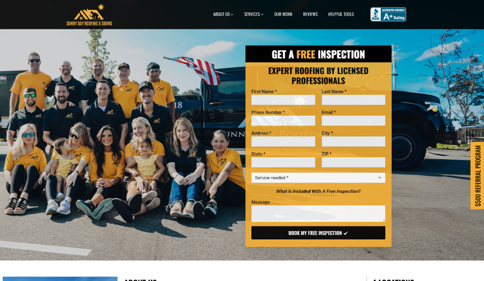 Website cover page for Sunny Day Roofing.