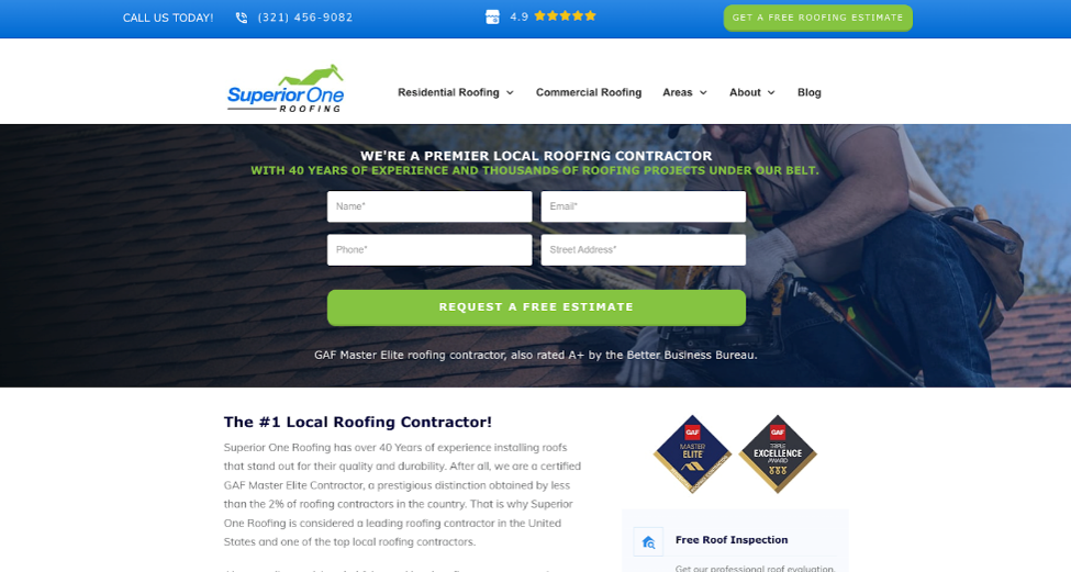 Superior Roofing website view