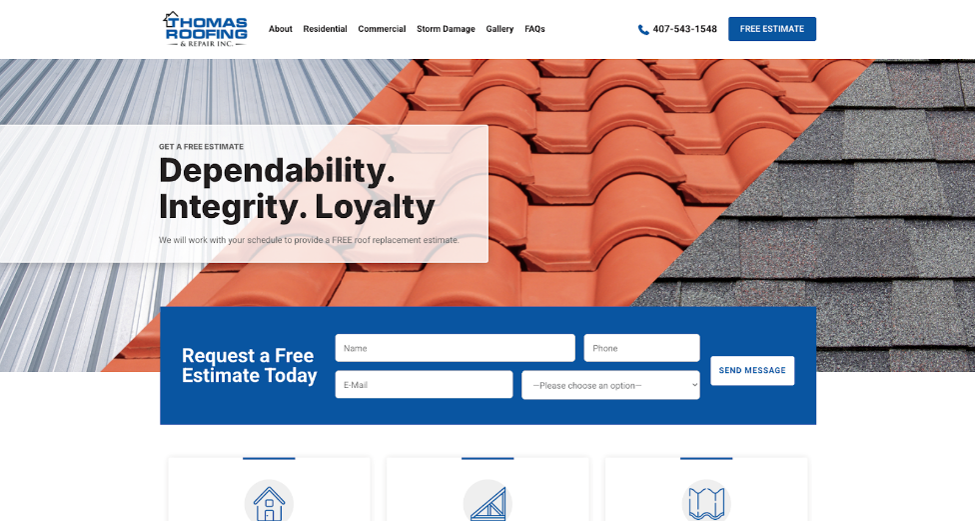 Screenshot view of the Thomas Roofing website