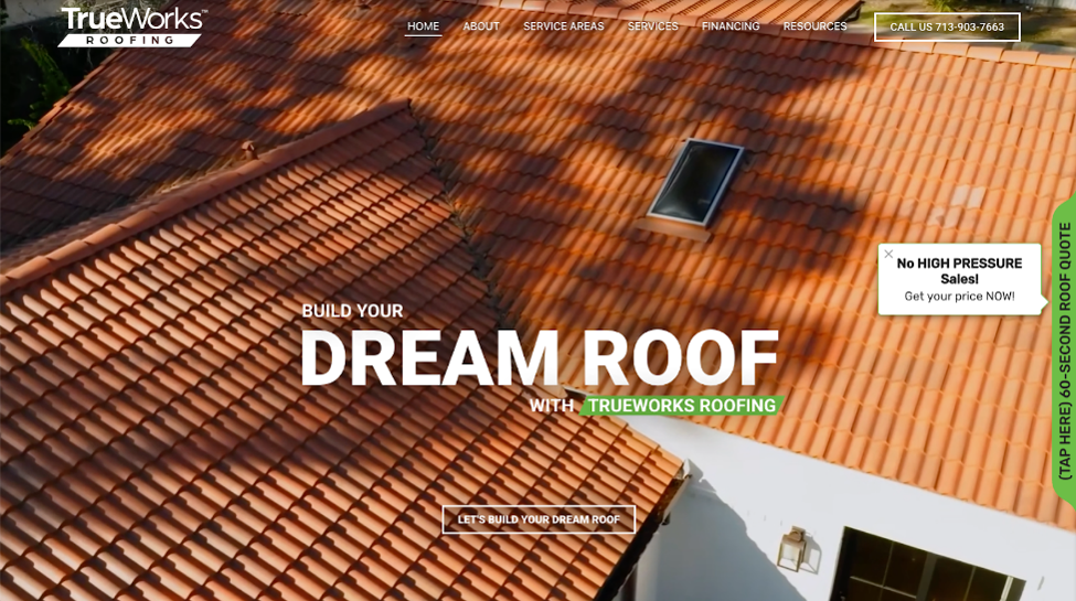 An image of TrueWorks Roofing’s homepage.