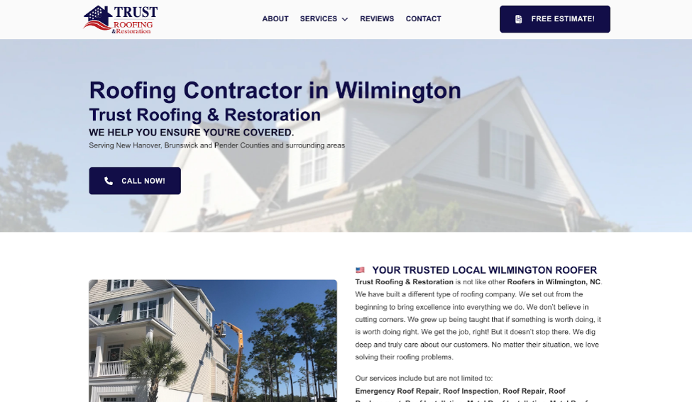 Website cover page for Trust Roofing & Restoration.