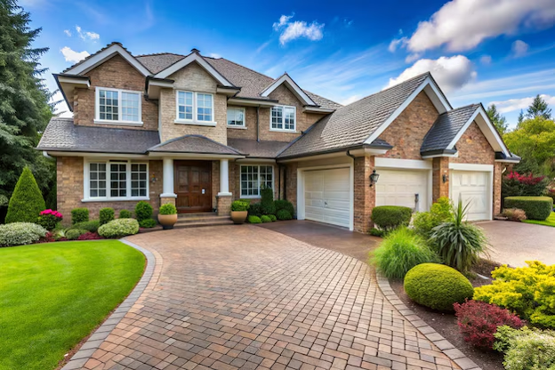 A large brick suburban home with a double garage and a landscaped front yard.