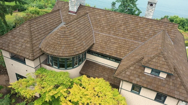 Brown CEDUR Walden roof on modern home by Three Tree Roofing
