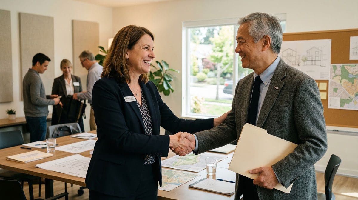 A woman in professional attire shaking hands with a man in a bright office setting with community planning materials visible in the background, representing the HOA approval process for CEDUR synthetic cedar shake roofing and the documentation support CEDUR provides to design review boards.