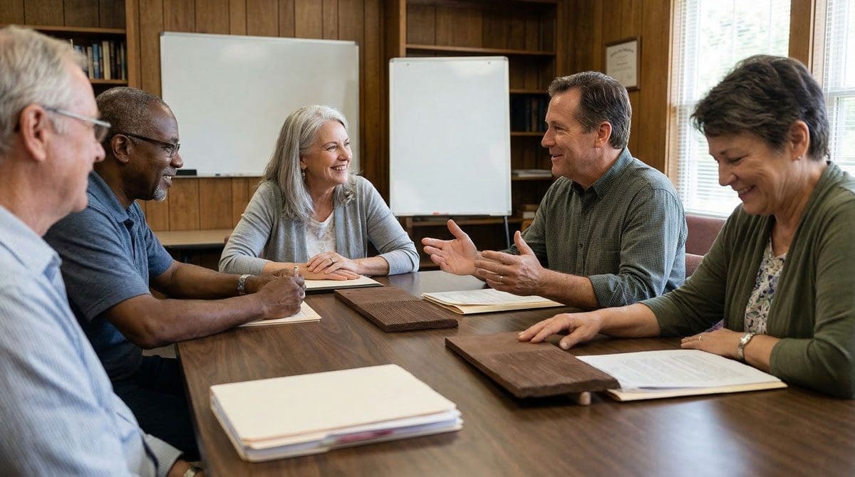 Five people seated around a dark wooden conference table in an engaged discussion with notebooks and documents open, representing an HOA or property management board reviewing CEDUR synthetic cedar shake roofing options and working through the approval and specification process.