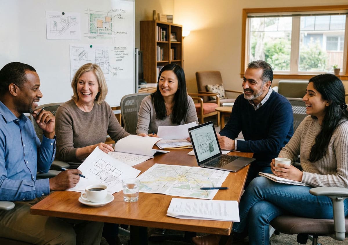 A diverse group of five people collaborating around a table covered with documents, a laptop, and design materials in a home office setting, representing the design consultation and planning process homeowners undertake when choosing CEDUR synthetic cedar shake roofing.