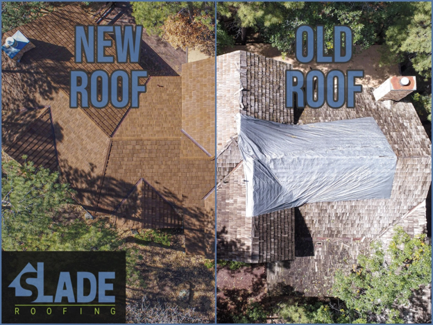 Side-by-side comparison of an old roof and a newly restored CEDUR Live Oak roof installed by Slade Roofing.