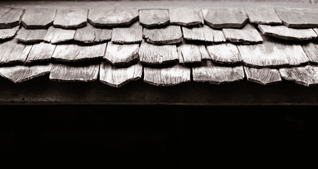 Deteriorating cedar wood shake roof.