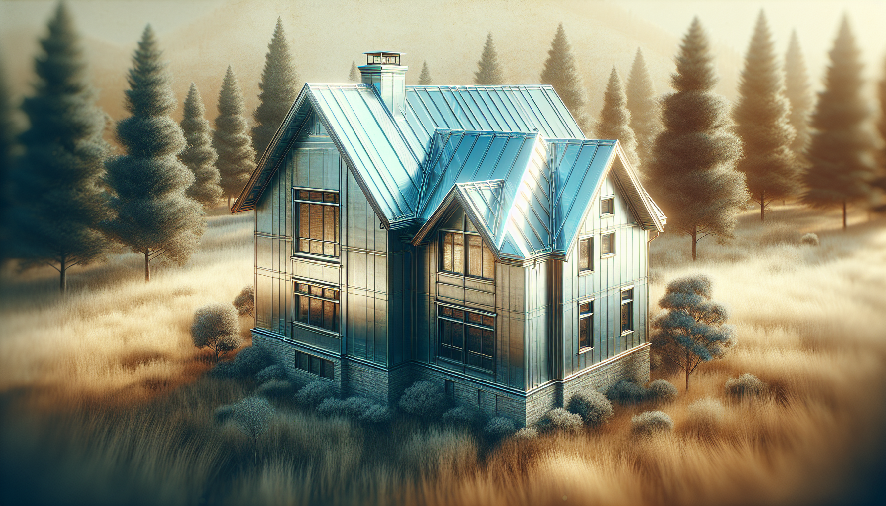 Illustration of a home in mountains with fire resistant roof.