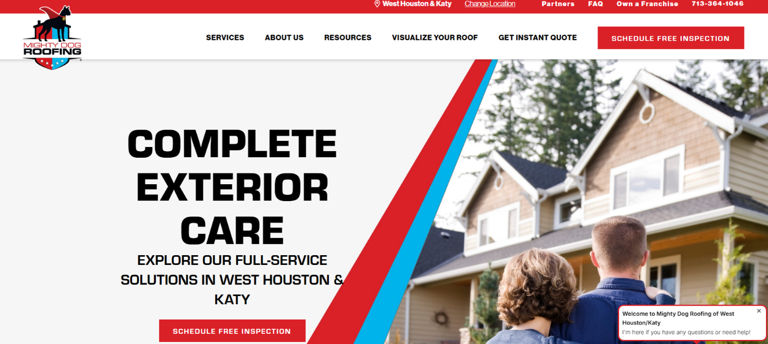 An image of Mighty Dog Roofing homepage.