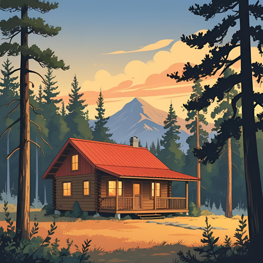 Illustration showing a fire resistant roof on a home in the mountains.