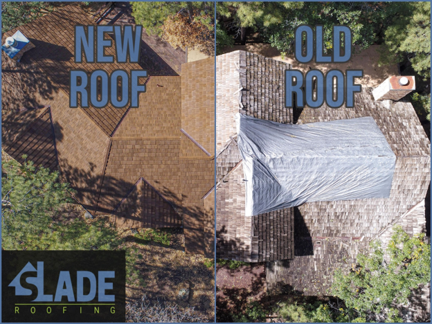 Side-by-side aerial view of a new CEDUR Live Oak roof and the old damaged roof, installed by Slade Roofing.