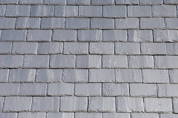 Close-up of gray slate roof tiles arranged in a neat, overlapping pattern.