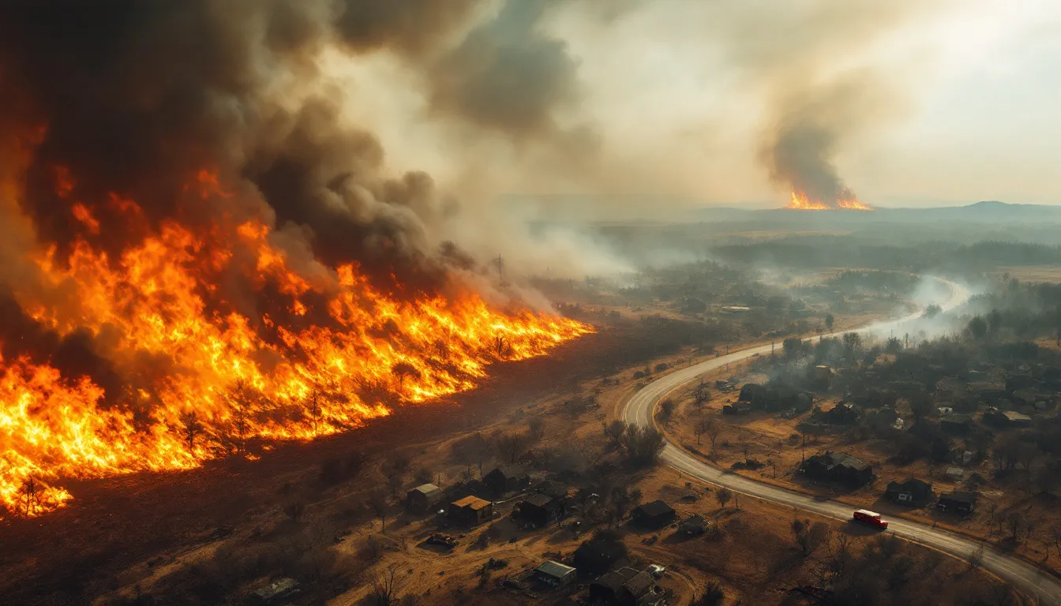 This is an illustration showing a flame front approaching developed land..