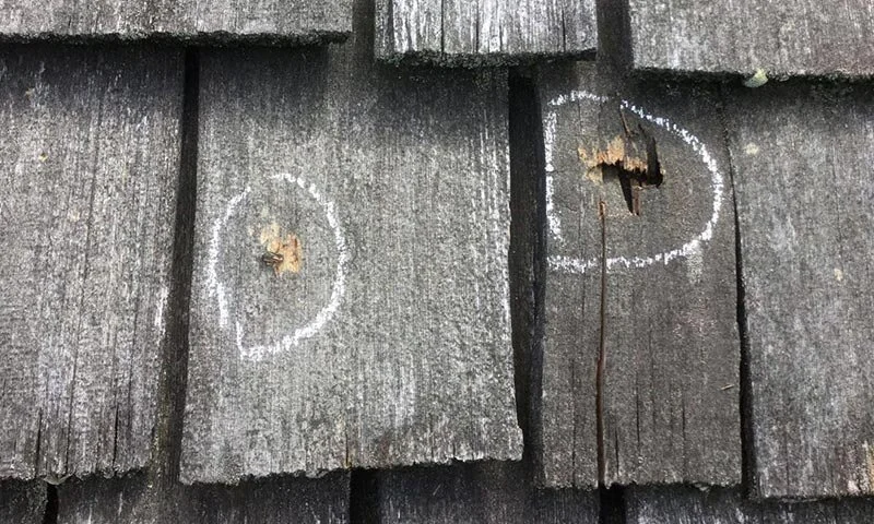 Wood shake shingles with hail damage