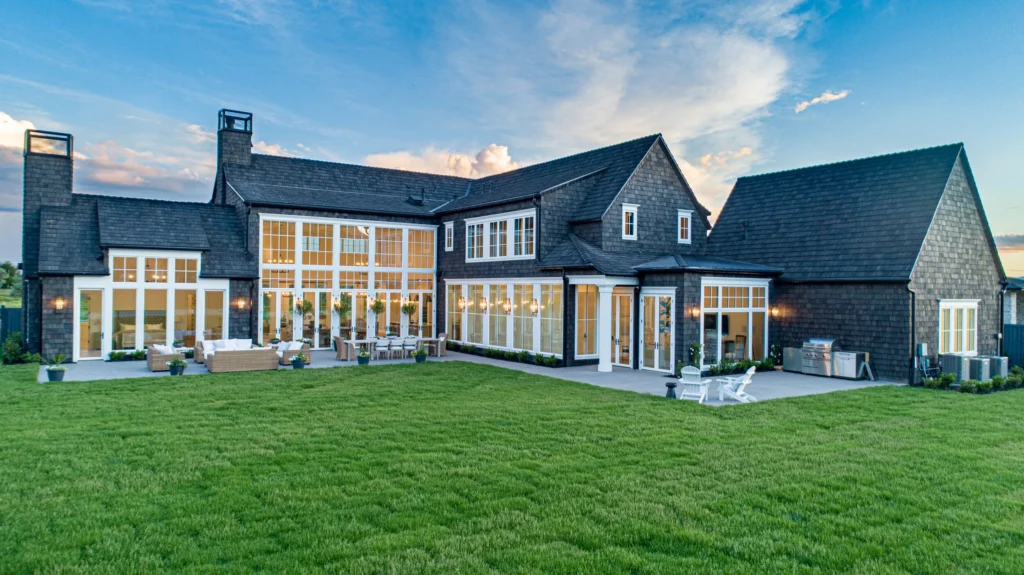Exterior rustic siding with synthetic shingles.