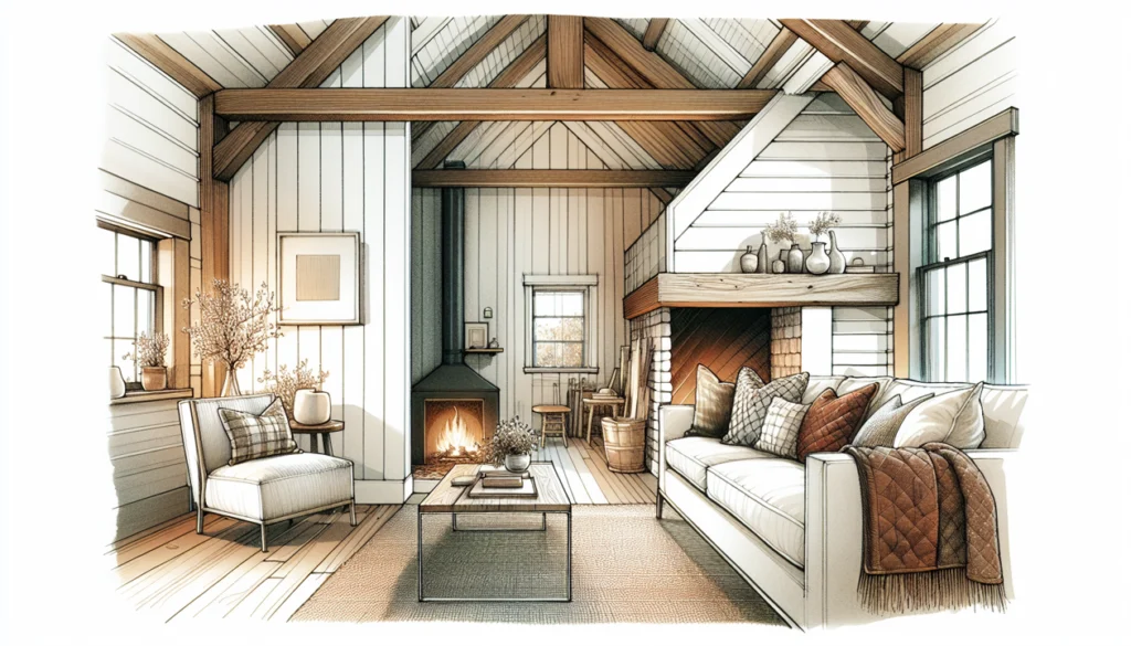 Illustration of a cozy farmhouse style home interior.
