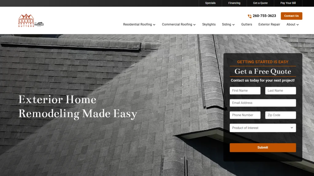 This is a screenshot of the home page of Graber Roofing in Indiana.