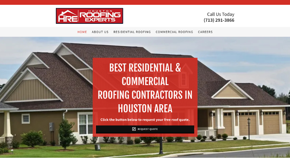 Homepage of Houston Roofing Experts, featuring their roofing services and company fleet.