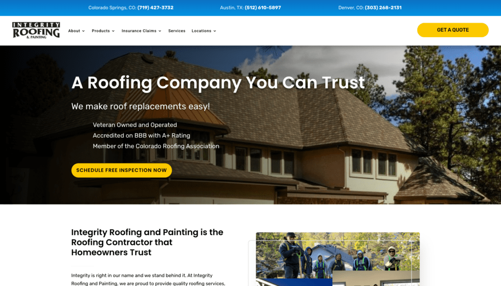 Integrity Roofing & Painting homepage banner highlighting the best roofers in Denver, CO.   