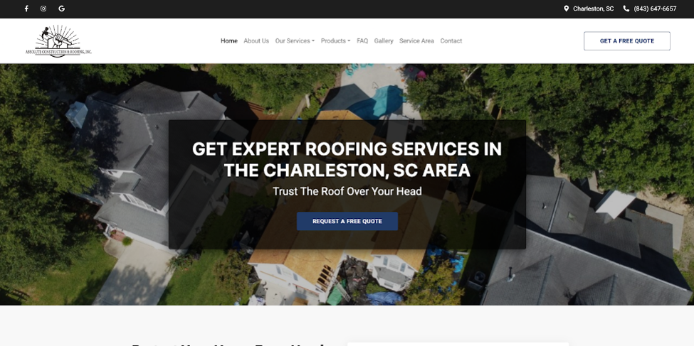 An image of Absolute Construction & Roofing, Inc.’s homepage.